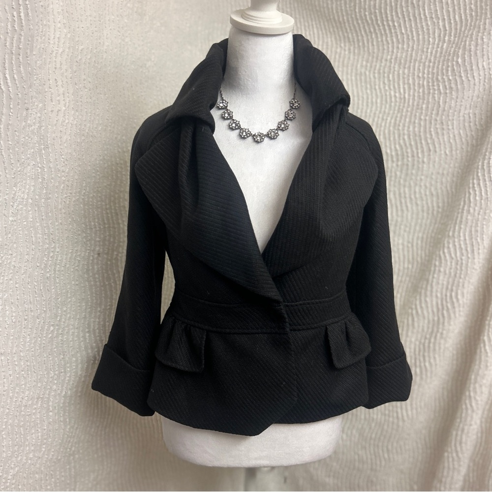 Black Blazer Woven Size 2 Ruffle Peacoat Single Button Jacket Coat Small